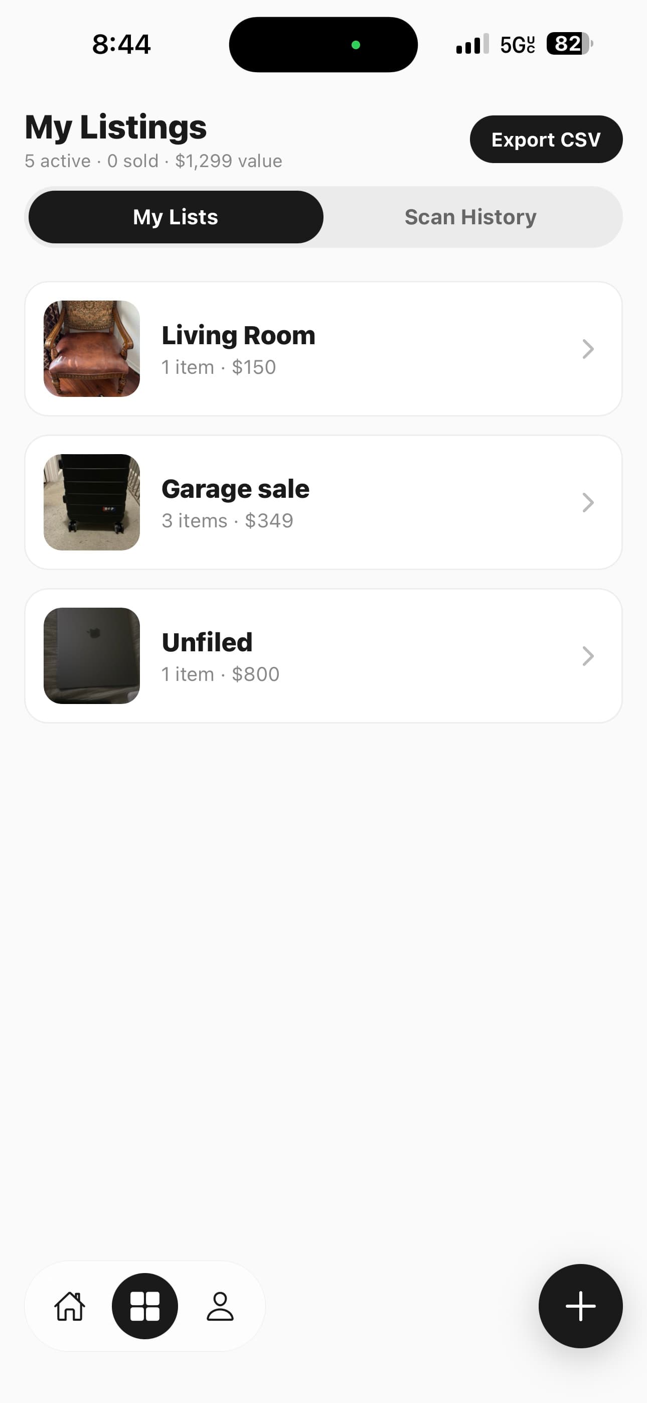 Toodls My Listings screen with folders for Living Room, Garage sale, and Unfiled items