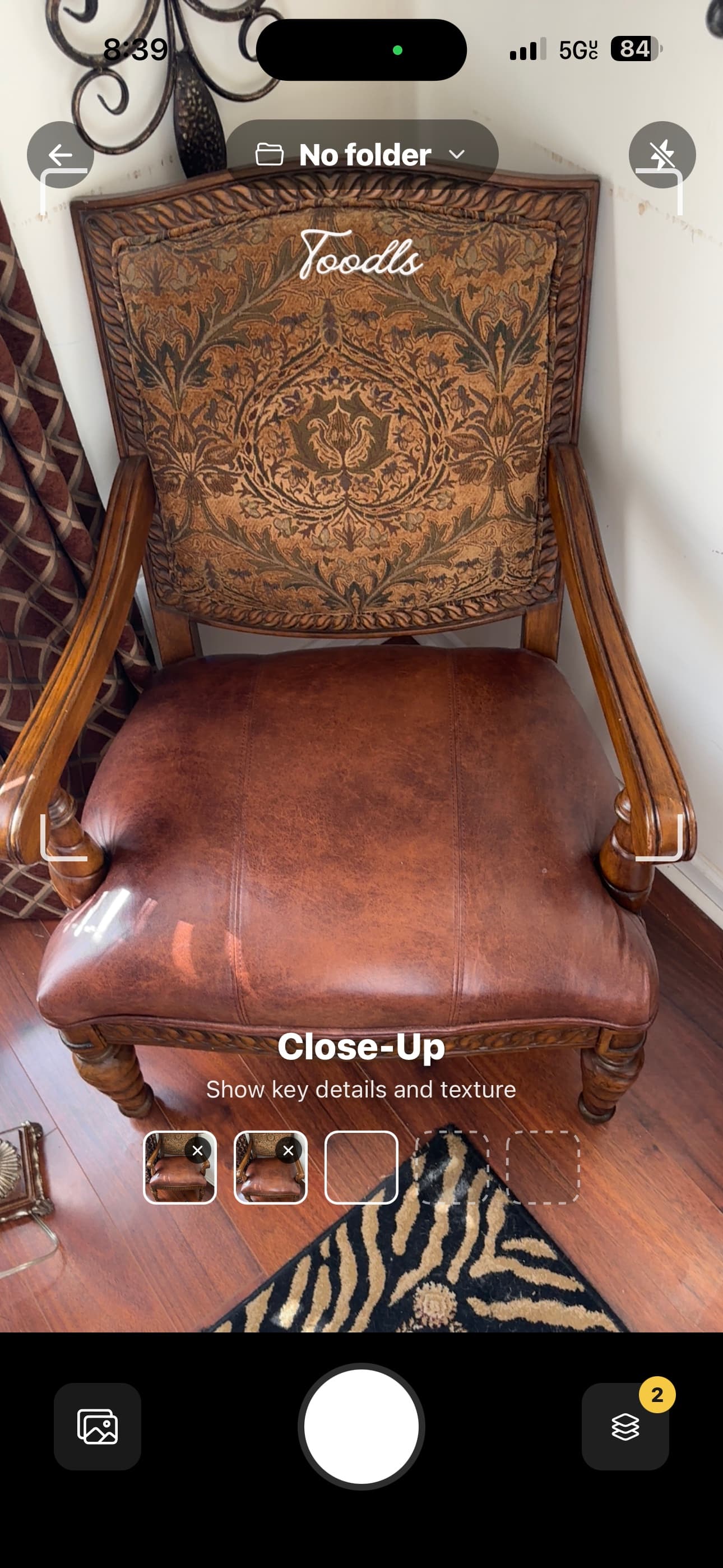 Toodls camera screen capturing a close-up angle of a chair